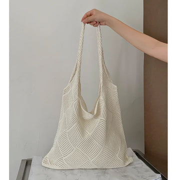 Qfdian Women Handbag Summer Hollow-out Bead Tote Bag Bucket Shoulder Bag Female Reticulate Netted Canvas Beach Handbag
